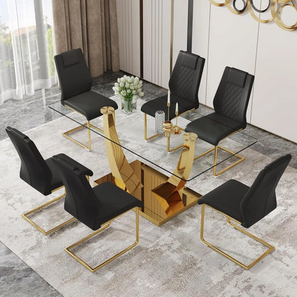 Glass Dining Table Set for 6, Modern Kitchen Table Set for 6, 71" Tempered Glass Tabletop with U-Shaped Gold Base, 7 Ppiece