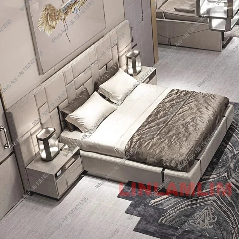 Luxury Modern King Size Bed With Soft Upholstered Headboard And Storage Nightstands - Genuine Leather Bedroom Furnitur