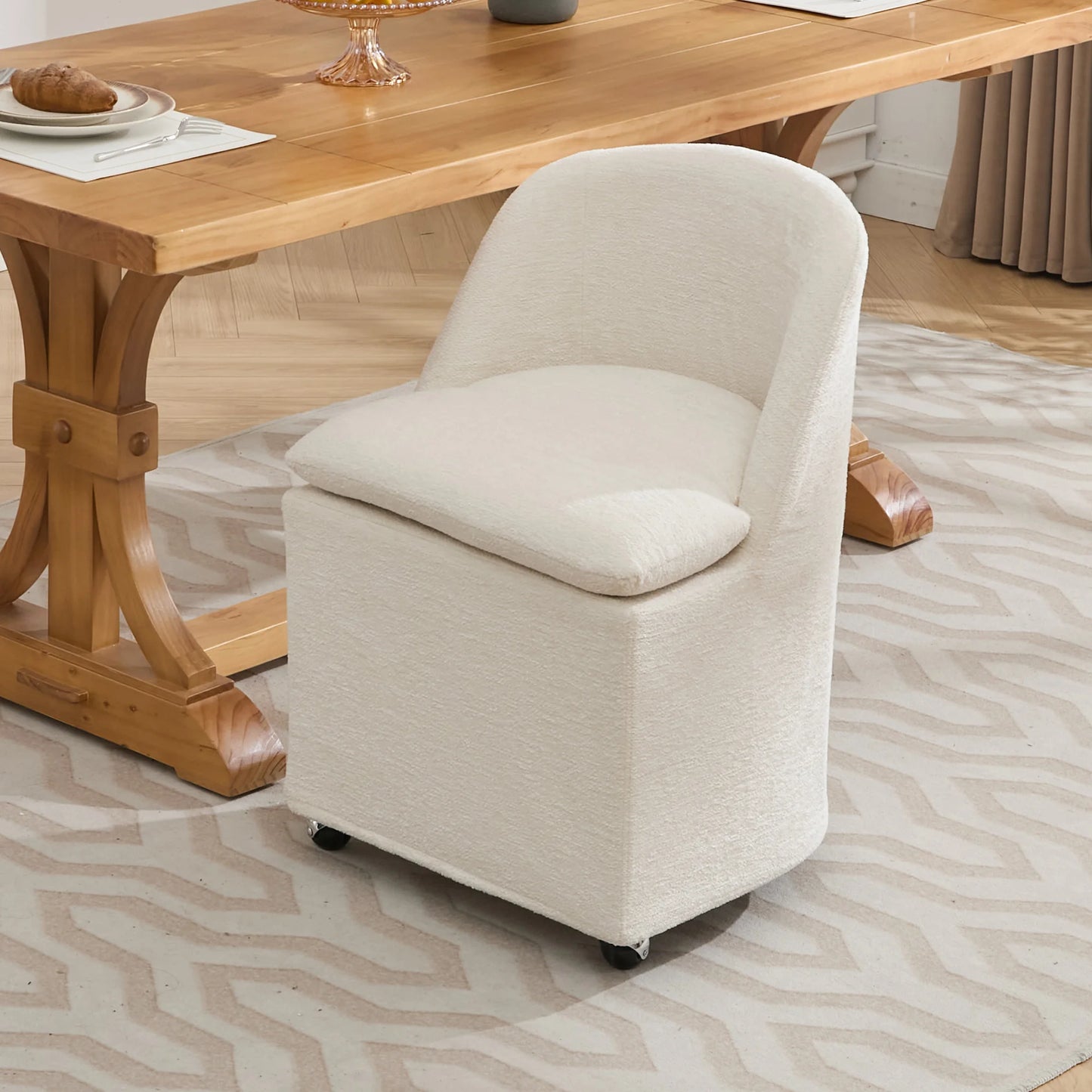Set of 2 Chenille Fabric Dining Chairs With Universal Wheels