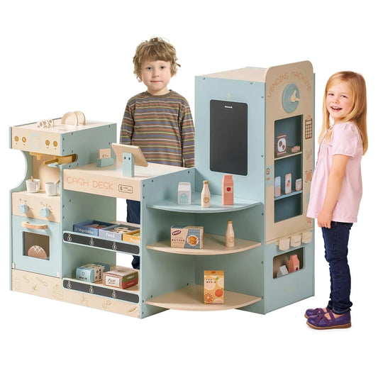 Corner Coffee Shop Play Set Grocery Store Playset with Cash Register Chalkboard Play Food Accessories Gift for Kids 3+