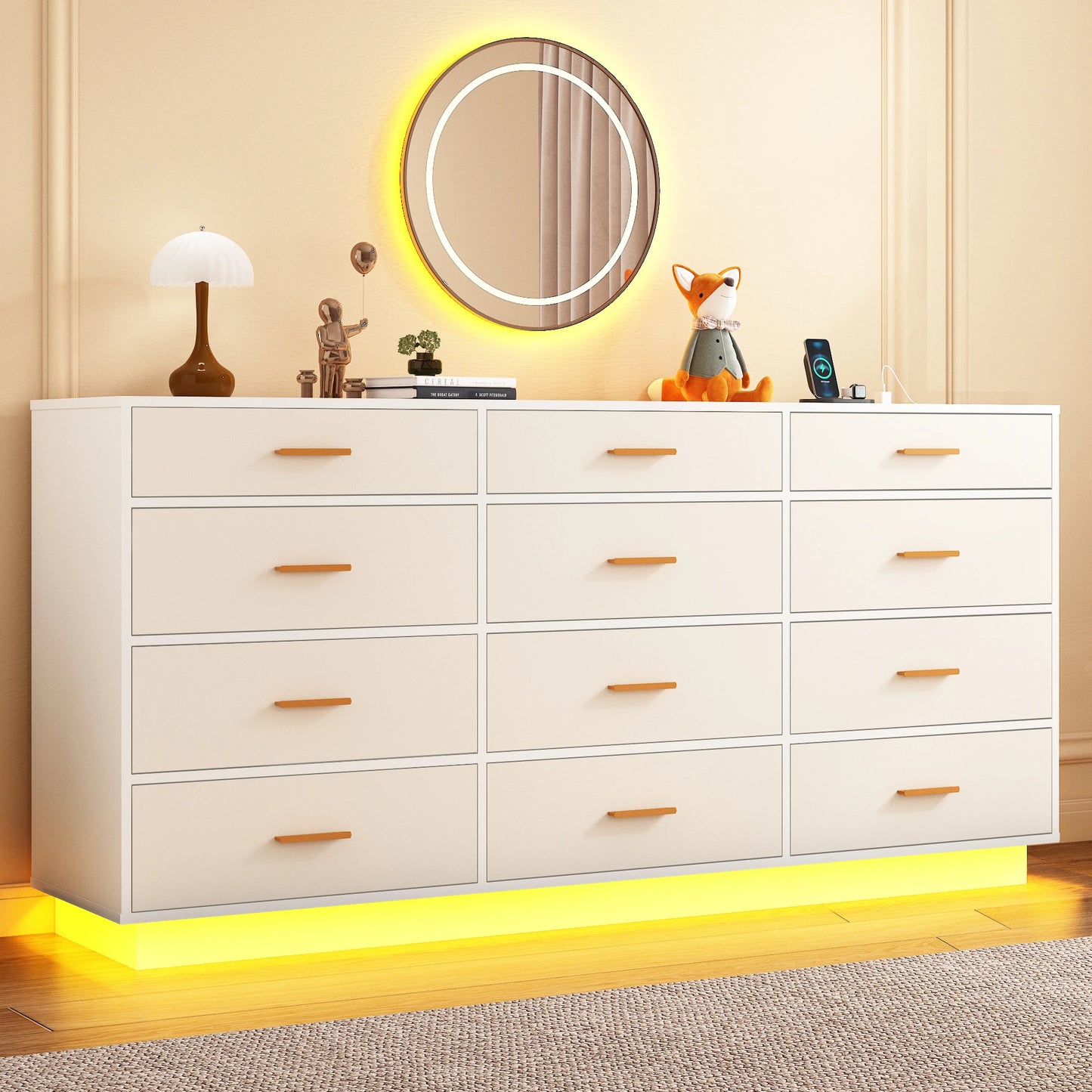 12 Drawer 63" Modern Dresser for Bedroom with Power Outlets & LED Light