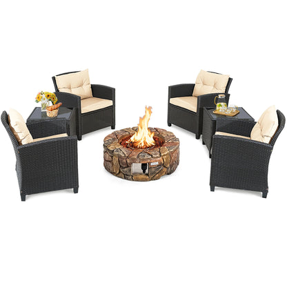 7PCS Patio Rattan Wicker Furniture Set Gas Fire Pit Table Sofa Cushion