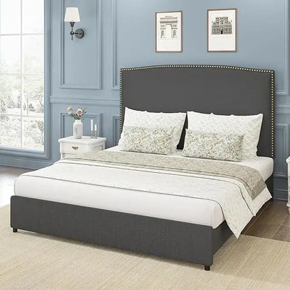 Full Size Upholstered Platform Bed Frame with 56" Headboard, Soft Boucle Fabric, Mid-Century Modern Design, No Box Spring Requir