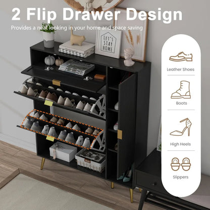 Shoe Storage Cabinet with 2 Flip Drawers Narrow Shoe Cabinet with Doors Freestanding Shoe Organizer Cabinet with Adjustable Shel