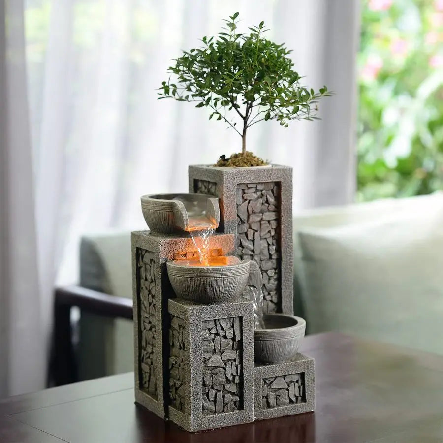 Indoor Tabletop Water Fountain 3Tier Resin Waterfall with LED Lights, Mini Bonsai Planter amp Cascading Water Flow Soothing Desk