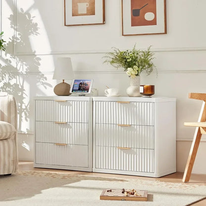 23" wide fluted night stand with charging station,3 drawers large end table with storage,white nightstand