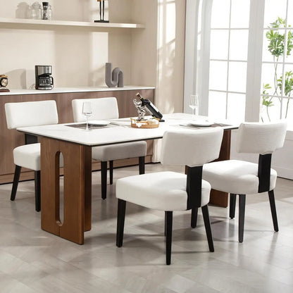 4-Pack Mid-Century Rattan Dining Chairs Fabric Upholstered with Black Wood Frame, Curved Back & Armless Design