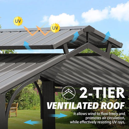 8x5FT Hardtop Grill Gazebo with Double Steel Roof, Side Shelves & Ceiling Hooks for Outdoor BBQ Patio Garden Backyard