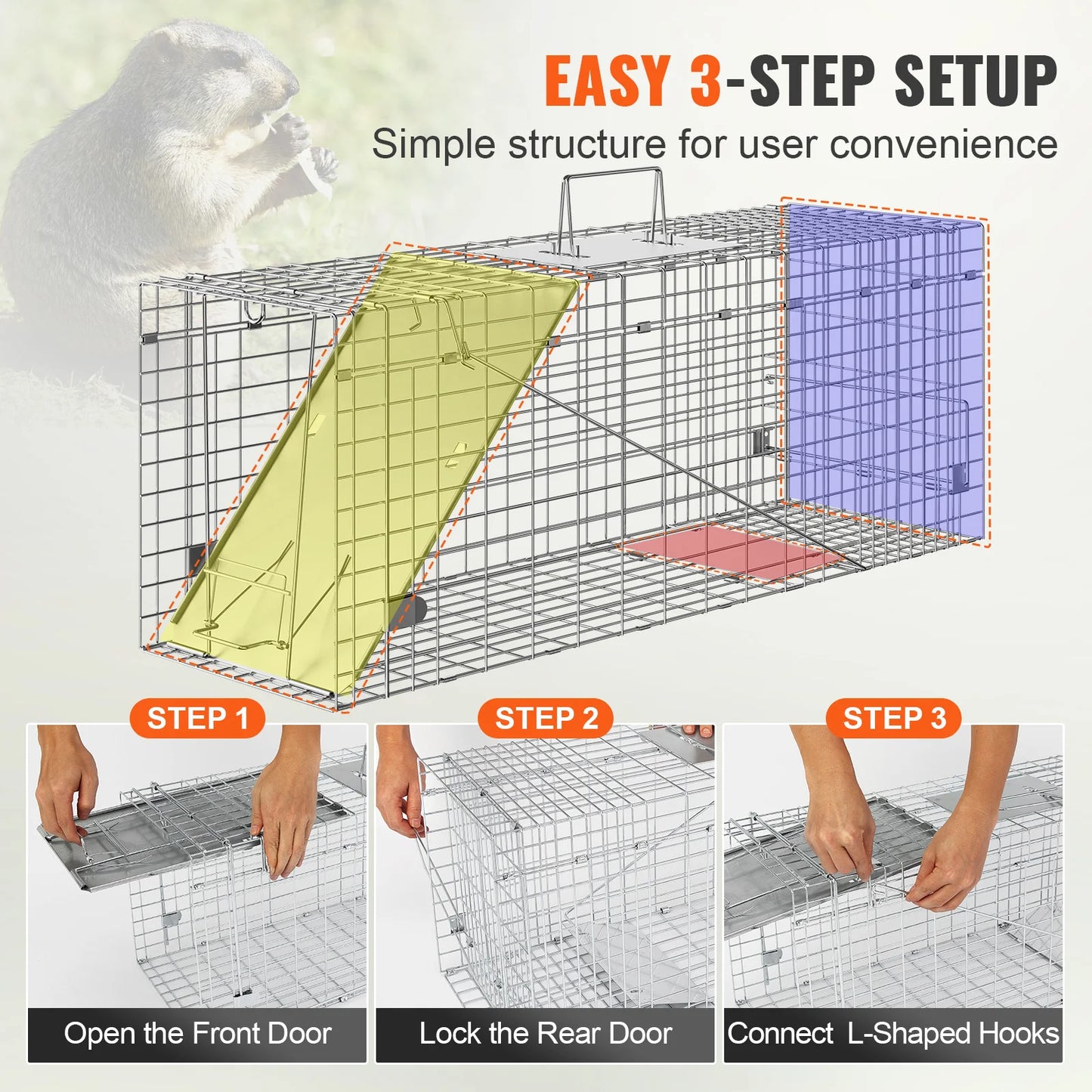 24/31/42/50in Animal Cage Trap Folding Humane Cat Trap Galvanized Iron with Handle for Rabbits Squirrels Groundhogs