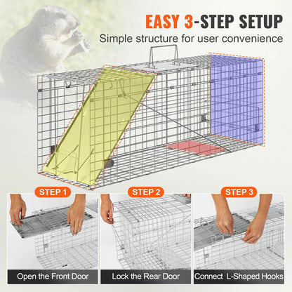 24/31/42/50in Animal Cage Trap Folding Humane Cat Trap Galvanized Iron with Handle for Rabbits Squirrels Groundhogs