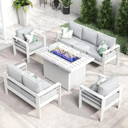 RPD4-QLayinSun Aluminum Furniture with Fire Pit Table. 5 Pieces Patio Sectional Conversation Chat Sofa Modern Seating Set