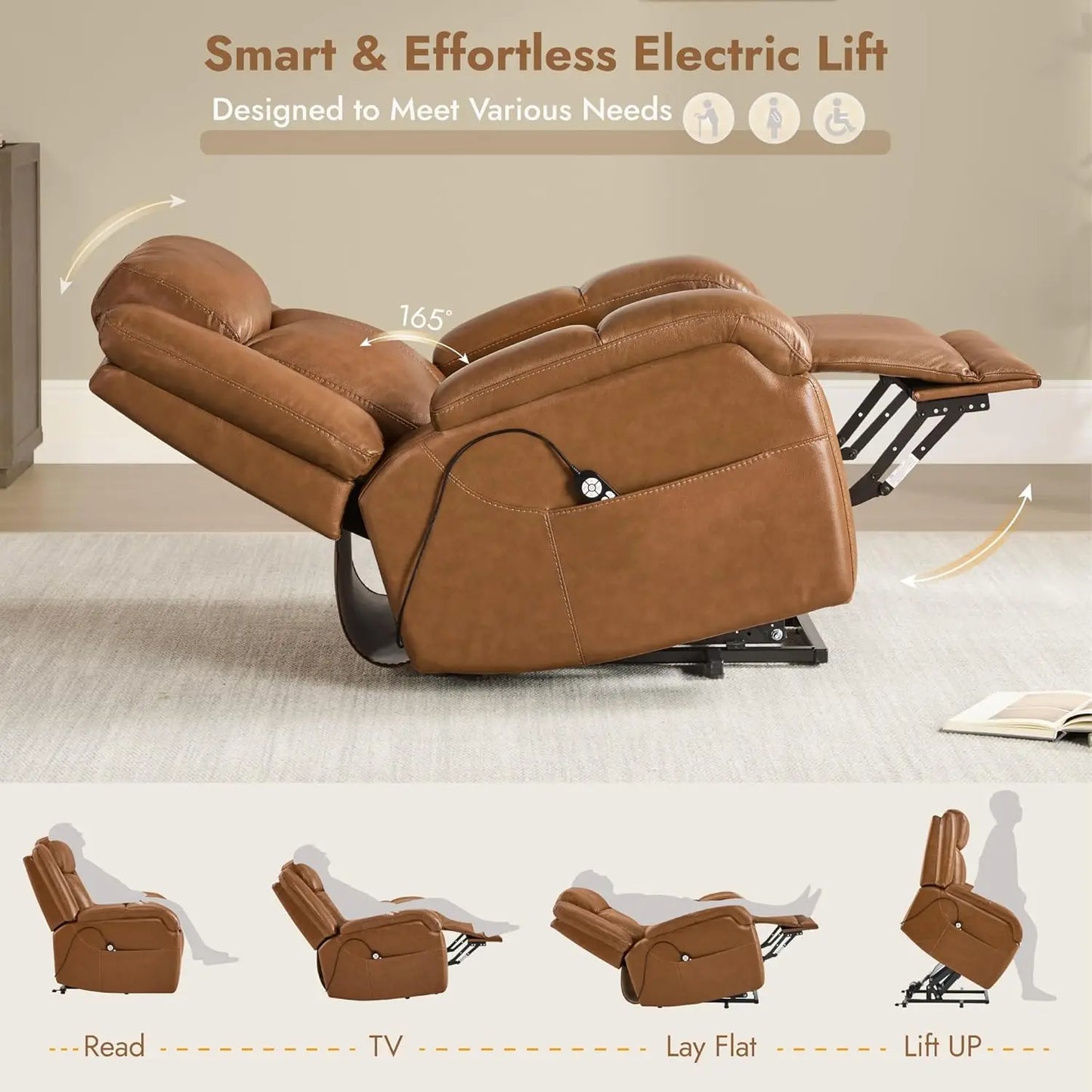 Genuine Leather Power Lift Recliner Chair for Elderly with Heat and Massage, Electric Lay Flat Lift Chairs with, Customized
