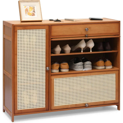 Rattan Shoe Cabinet Double Layer Shoe Shelf Boho Vibe Storage Cabinet with Doors Freestanding