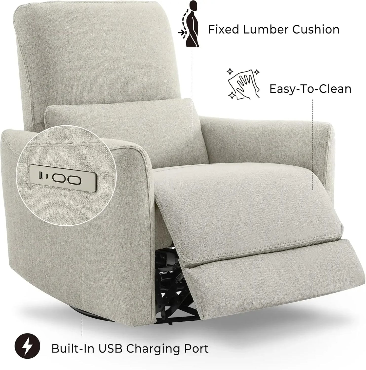 Power Recliner Chair Swivel Glider, FSC Certified Fabric Living Room Nursery Reclining Sofa Chair with Lumbar Support