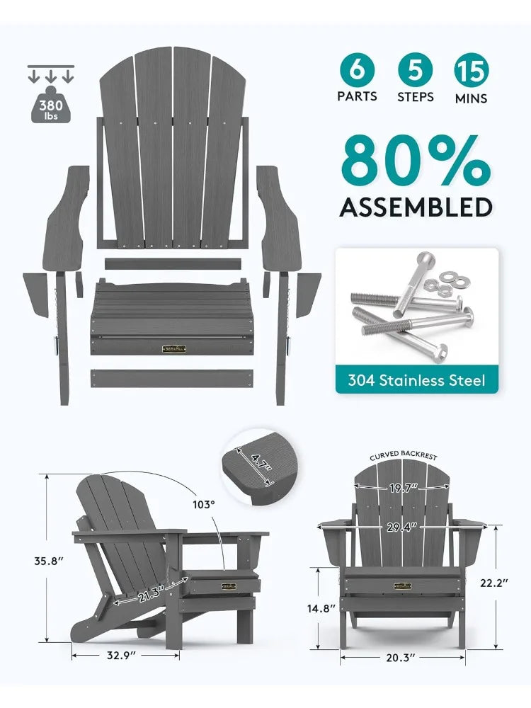 Foldable Adirondack Chair Set of 4 for Patio Garden Outdoors Fire Pit-Gray