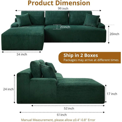 96 Comfortable Sectional Sofa with Sleeper, No Assembly Needed, Corduroy Fabric, Deep Seating Loveseat + Chaise Lounge for Livin