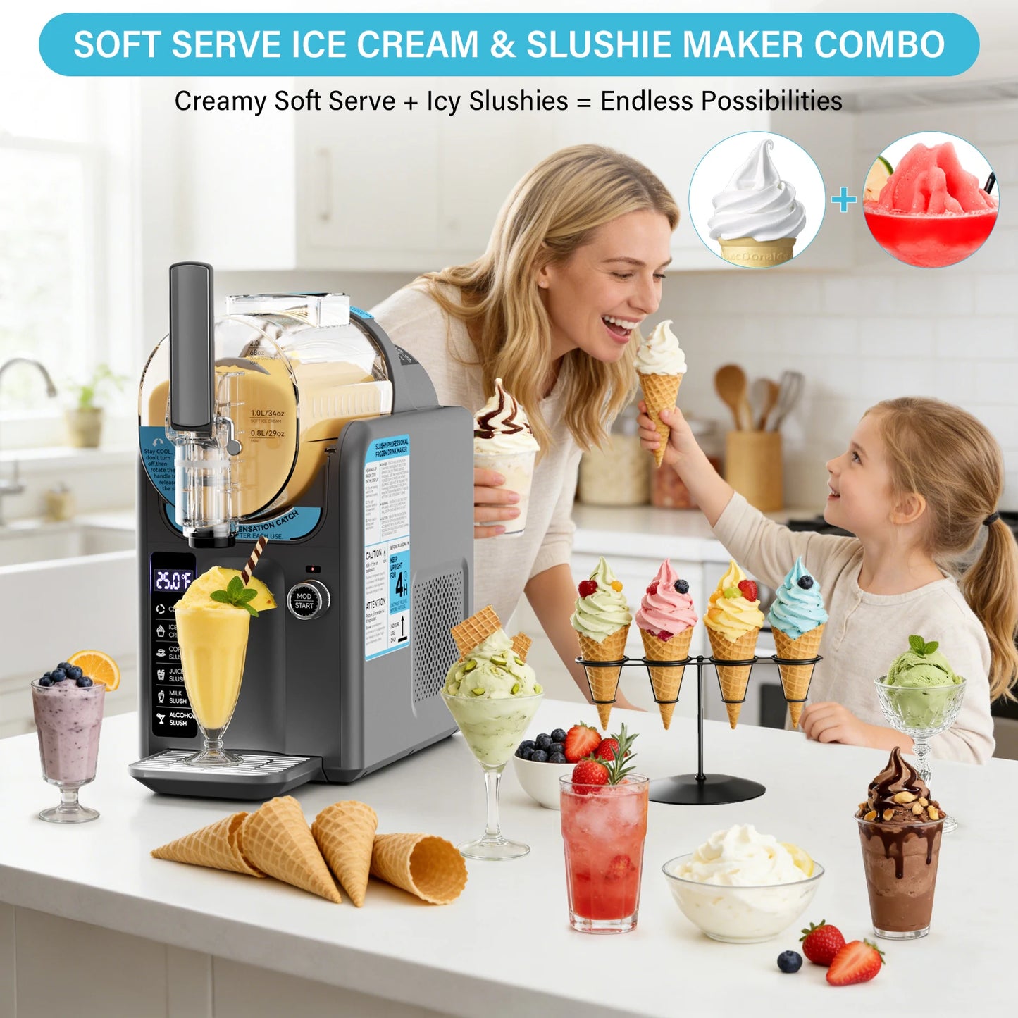 Slushie Machine for Home No Ice Needed,Frozen Drink Maker with LED Display & 6 Pre-Set Programs,Quiet Compressor Slushy Machine
