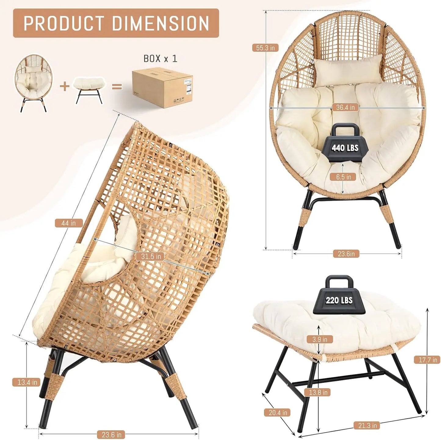Wicker Patio Lounger with Ottoman, Oversized Rattan Egg Shaped Chair