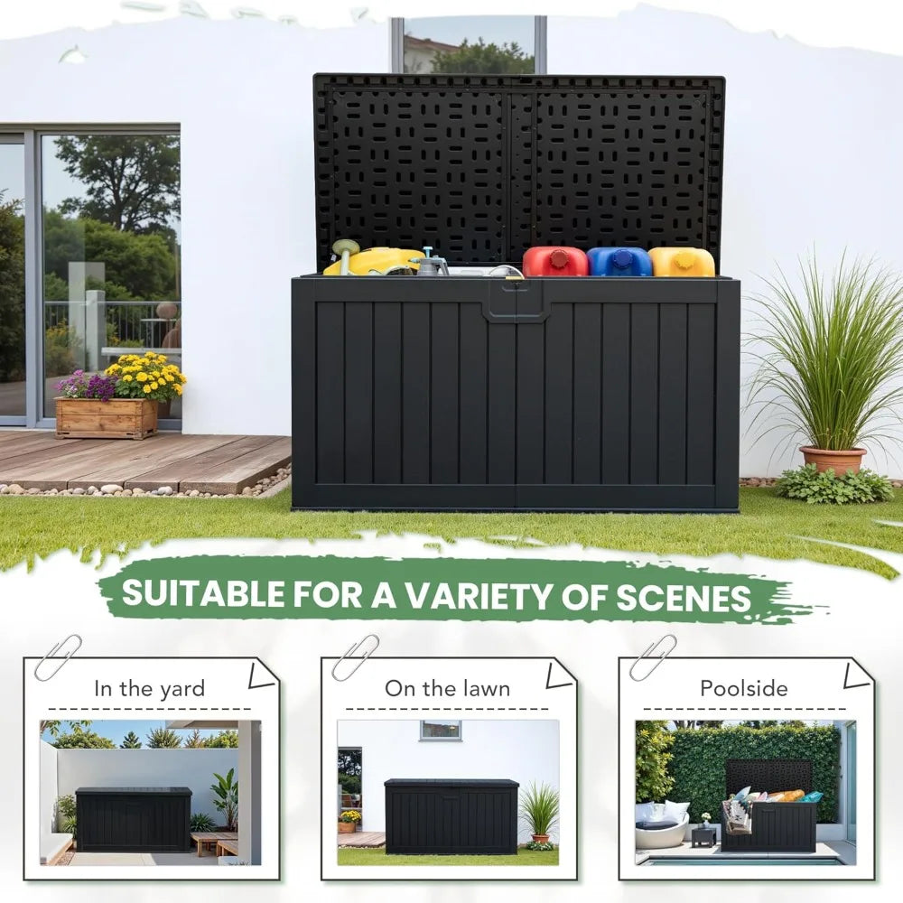 230 Gallon HDPE Black Outdoor Storage Box with Removable Dividers, Weatherproof Oversized Deck Box for Patio ,Garage