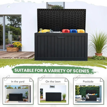230 Gallon HDPE Black Outdoor Storage Box with Removable Dividers, Weatherproof Oversized Deck Box for Patio ,Garage