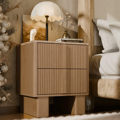 Set of 2 Fluted Nightstands w/ Charging, 2-Drawer End Tables w/ Reinforced Legs, Whitewashed Oak for Bedroom