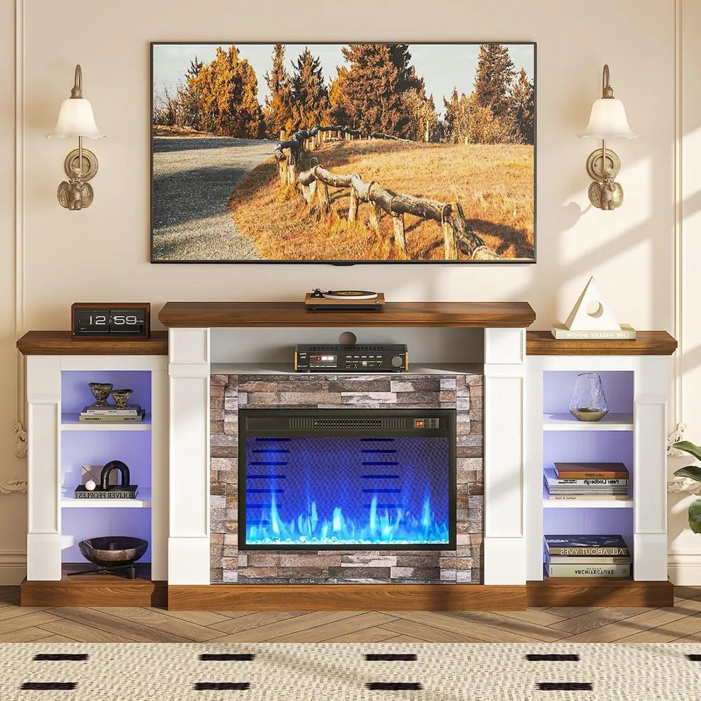 Modern 70" TV Stand with Electric Fireplace, Mantel, and Open Storage, Remote Control, Adjustable Entertainment Center