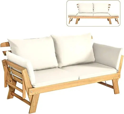 Convertible Acacia Wood Patio Couch Sofa Bed with Adjustable Armrest, Outdoor Daybed with Cushion & Pillows, Outside Folding Fu