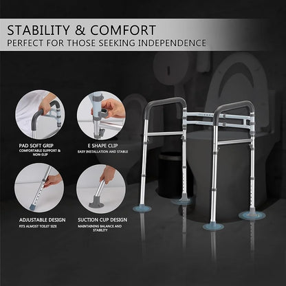 Adjustable Toilet Safety Rails Foldable Handicap Toilet Frame with Strong Suction Cup Handles Elderly Seniors Disabled Users