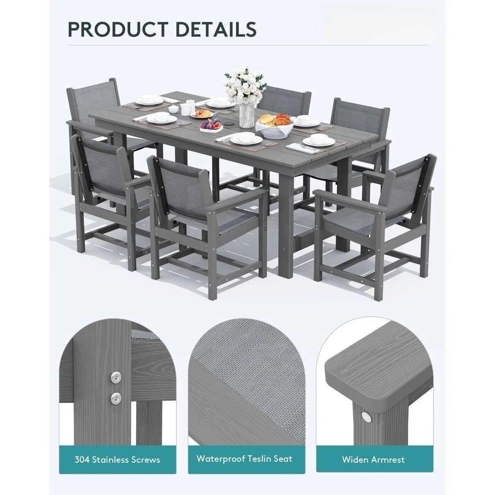7 Piece Outdoor Dining Table Sets for 6 with 1 Umbrella Hole Cut-Out Rectangular Table and 6 Textilene Chairs, HDPE Dining Tabl