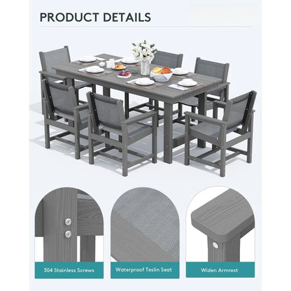 7 Piece Outdoor Dining Table Sets for 6 with 1 Umbrella Hole Cut-Out Rectangular Table and 6 Textilene Chairs, HDPE Dining Tabl