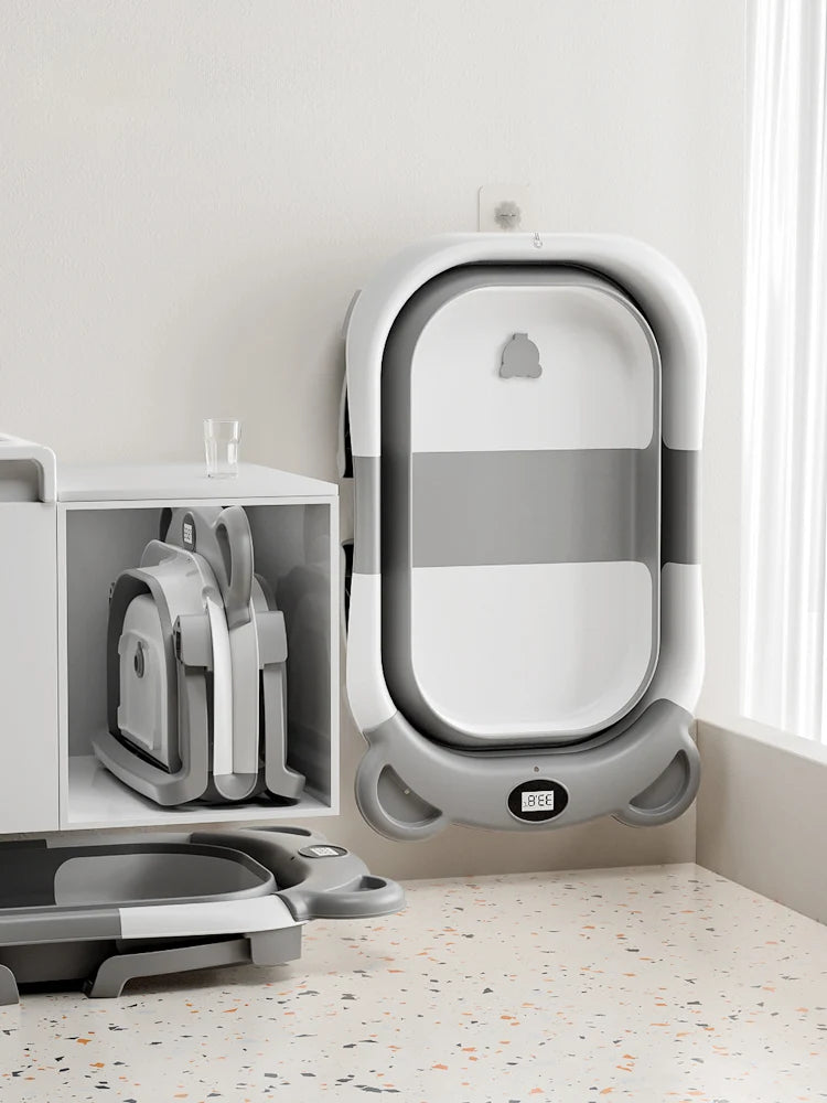 Folding Baby Bath Tub – with Thermometer, Anti-Slip & Bath Cushion, Easy Storage (0-36 Months, Gray Blue Pink)