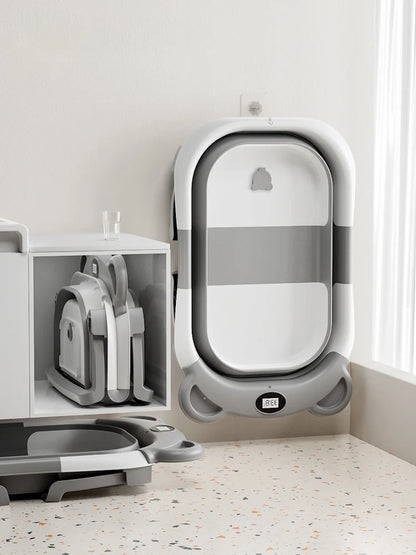 Folding Baby Bath Tub – with Thermometer, Anti-Slip & Bath Cushion, Easy Storage (0-36 Months, Gray Blue Pink)