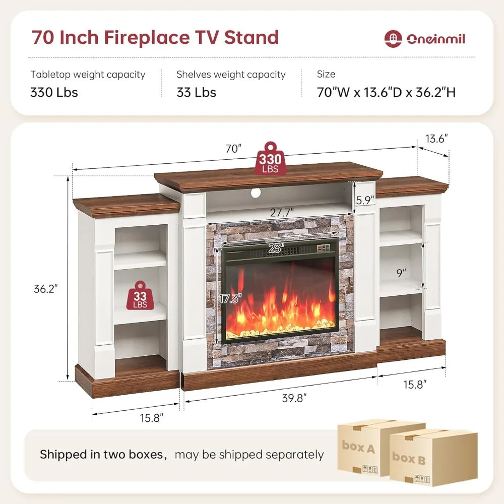 Modern 70" TV Stand with Electric Fireplace, Mantel, and Open Storage, Remote Control, Adjustable Entertainment Center