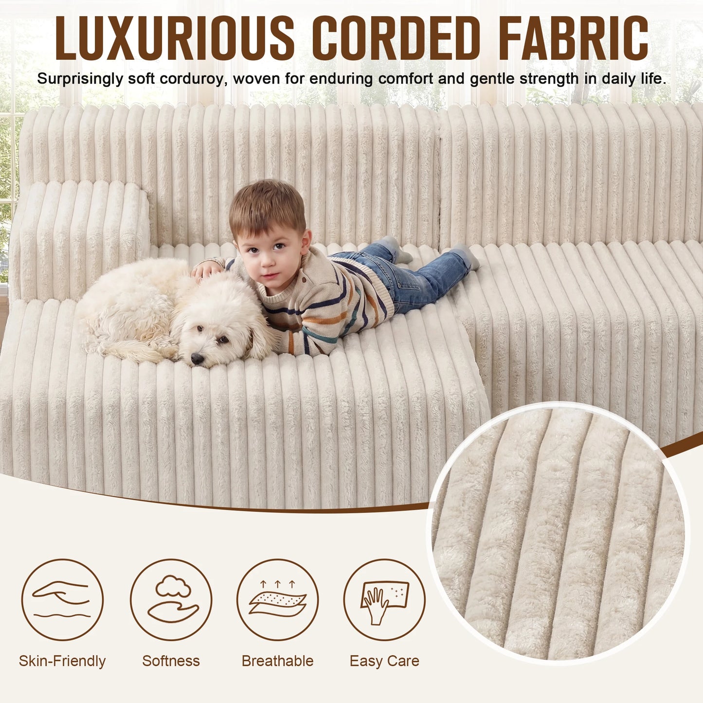 L-Shape Corduroy Sectional Sofa,Cloud-Like Couch,Boneless Couches, No Assembly Required,Deep Seat, for Living Room