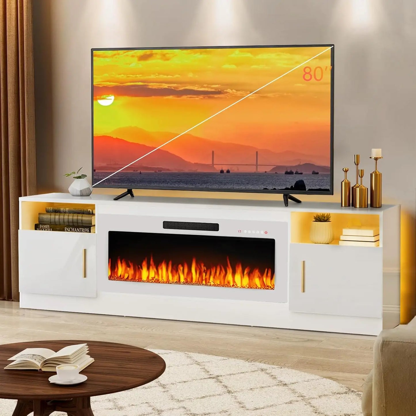 Fireplace tv Stand with 36 inch Fireplace Up to 80" TVs,LED Light Entertainment Center and Storage, 70" Modern Wood Media TV
