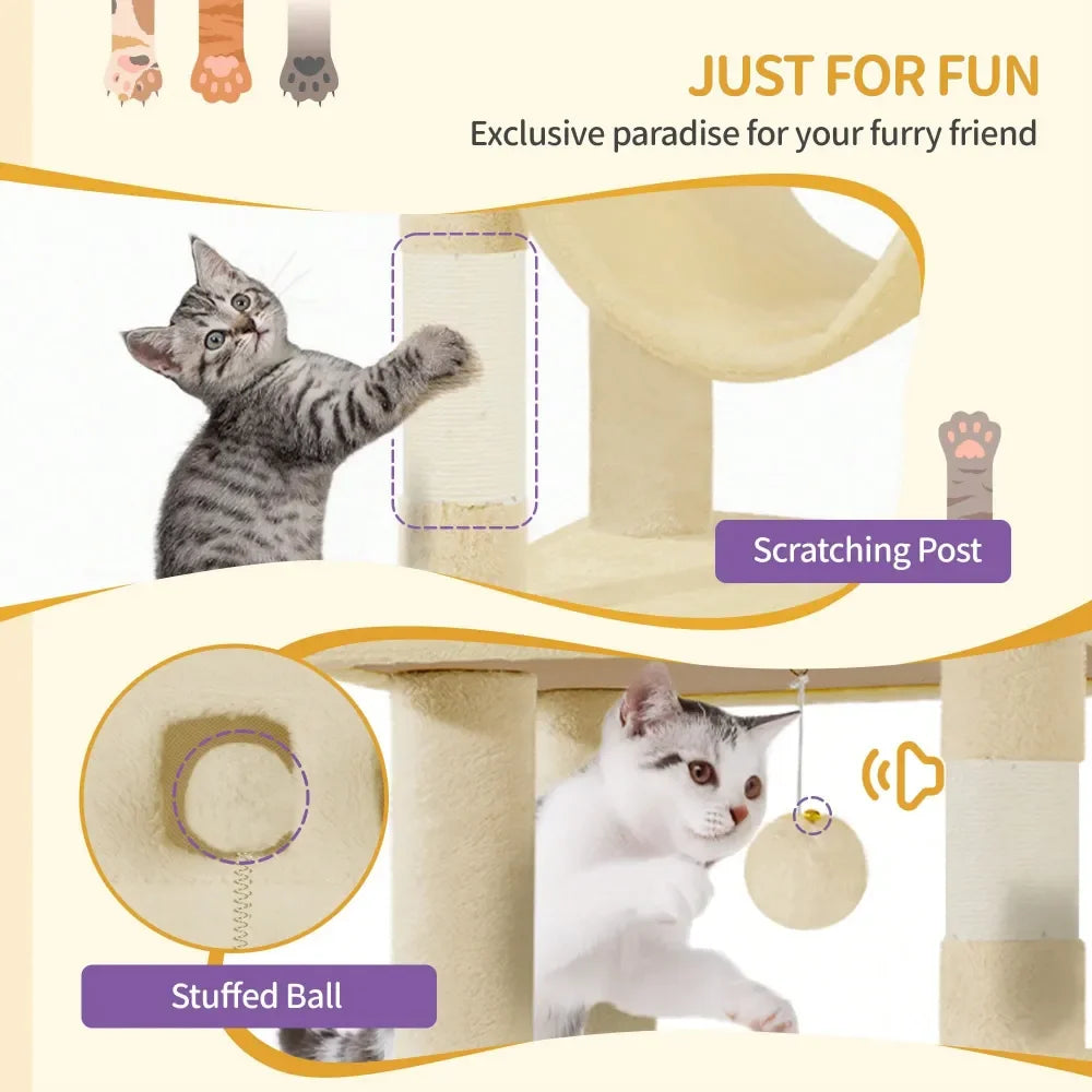 Cat Tree, 67 Large Tall Cat Tower For Indoor Cats, MultiLevel Cats House With Condo, 8 ching Posts, Hammock, 4 Pom Poms, B