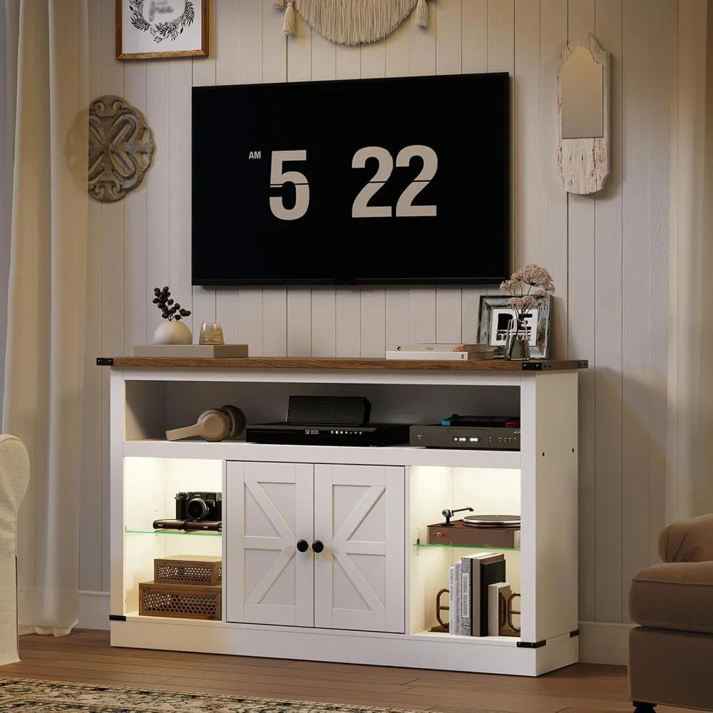 Farmhouse TV Stand for 55 Inch, Entertainment Center with Sensor LED Light, Media TV Console Table with Storage Cabinet and Glas