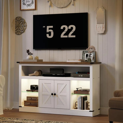 Farmhouse TV Stand for 55 Inch, Entertainment Center with Sensor LED Light, Media TV Console Table with Storage Cabinet and Glas