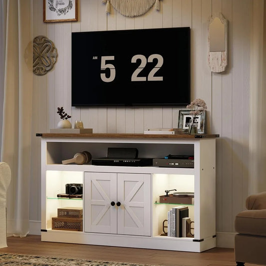 Farmhouse TV Stand for 55 Inch, Entertainment Center with Sensor LED Light, Media TV Console Table with Storage Cabinet and Glas