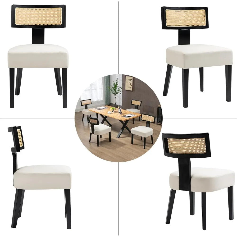 4-Pack Mid-Century Rattan Dining Chairs Fabric Upholstered with Black Wood Frame, Curved Back & Armless Design