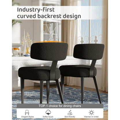 Dining Chairs Set of 4, Black Modern Upholstered Kitchen Dining Room Chairs, Boucle Dining Chairs Curved Backrest, Mid Century K