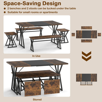 5-Piece Dining Room Set with 2 Benches & 2 Stools, Metal Frame for Small Room