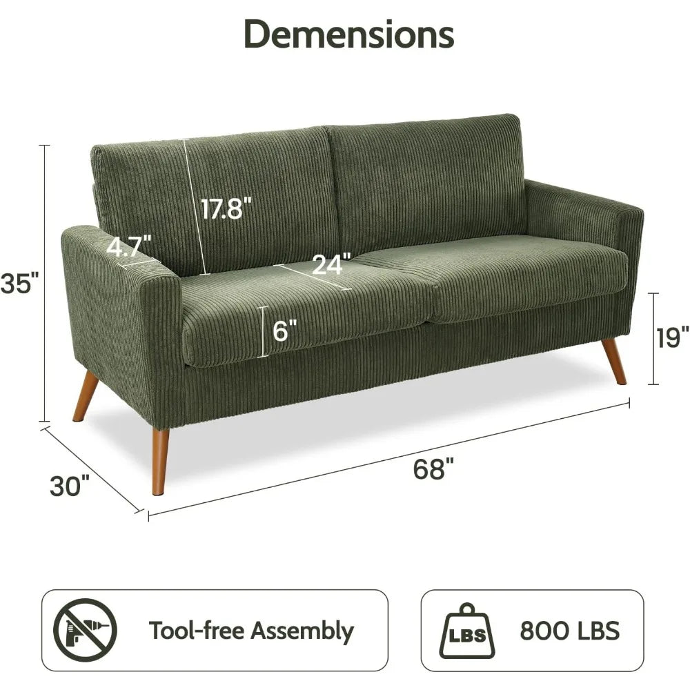 68" Loveseat Sofa Green Corduroy Couch, Mid Century Modern Love Seat Couches for Living Room