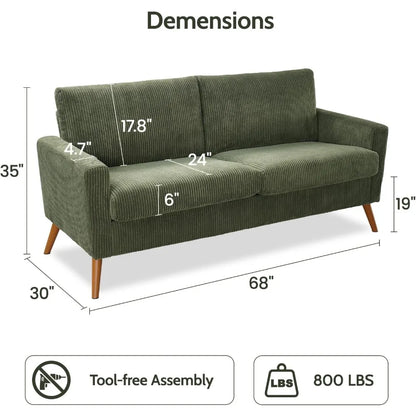 68" Loveseat Sofa Green Corduroy Couch, Mid Century Modern Love Seat Couches for Living Room