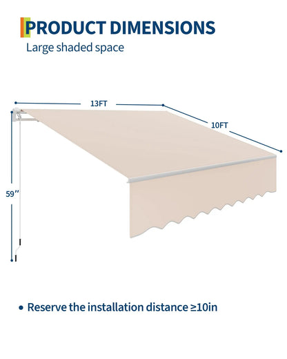 10x8Ft/13x10Ft Manual Retractable Patio Awning, Heavy Duty Aluminum Frame With Waterproof & UV Protection Fabric For Deck Porch