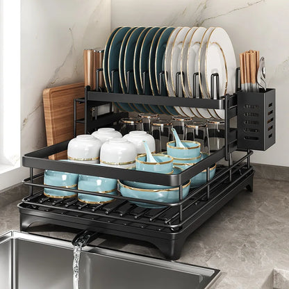 Stainless Steel Dish Drying Rack Adjustable Kitchen Plate Organizer with Drainboard Over Sink Plate Drainer Storage Organizer