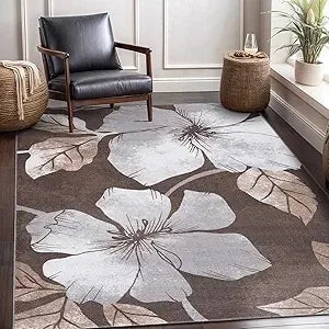 Solana Modern Floral 6'7" x 9'0" Area Rugs Non-Skid (Non-Slip) Rubber Backing Black Gray Flowers Indoor Rug