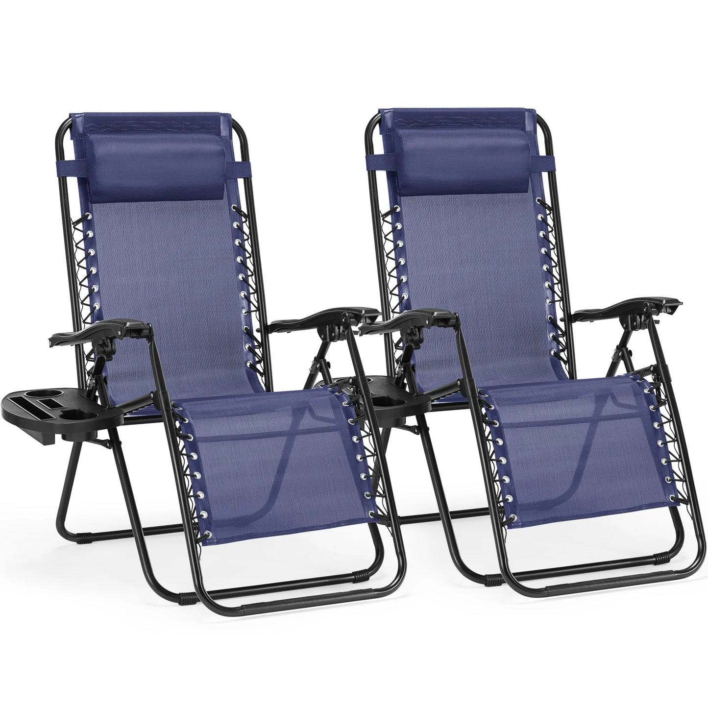 Zero Gravity Set of 2 Portable Recliner Camping Patio Outdoor Garden Lounge Chair with Cup Holder Trays Adjustable Pillow