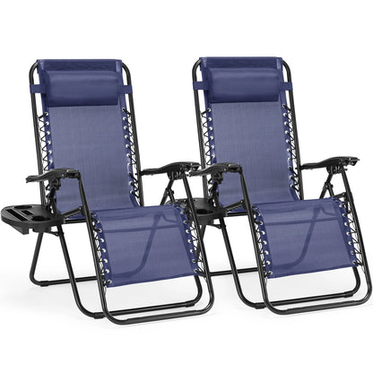 Zero Gravity Set of 2 Portable Recliner Camping Patio Outdoor Garden Lounge Chair with Cup Holder Trays Adjustable Pillow