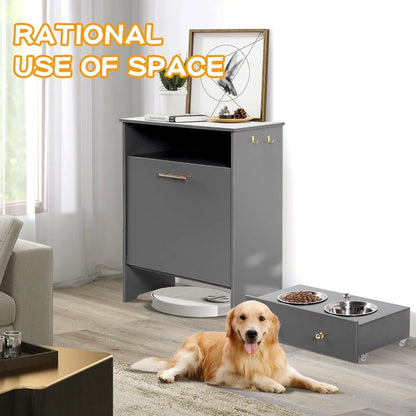Pet Feeder Station Storage Cabinet with Removable Bowls Hanger Dog Supplies Durable MDF Design Easy Assembly